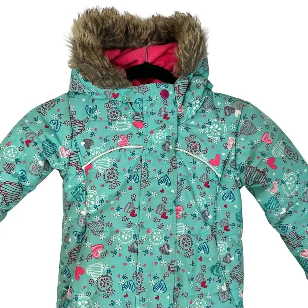 Gusti Kids Teal Puffer Jacket Pink Hearts Size 5 Winter Warm Coat
